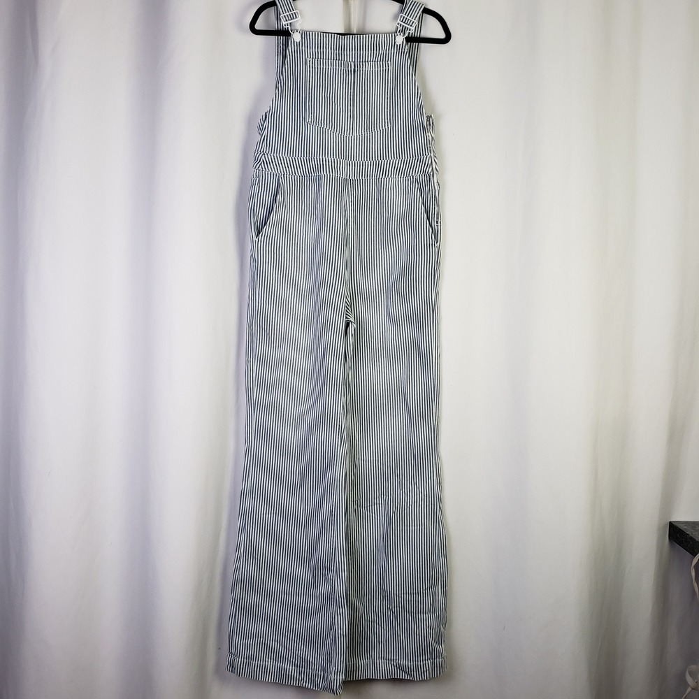 Frame Denim Normandie Hickory Stripe Overalls Blue White Wide Leg Size Large
